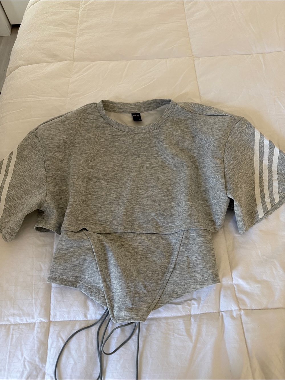 Women's Grey Cropped Drawstring Tee with Stripe Sleeve Detail